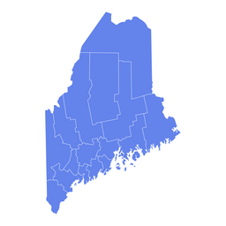 Simplified blue map of the U.S. state of Maine with county boundaries outlined in white on a white background.