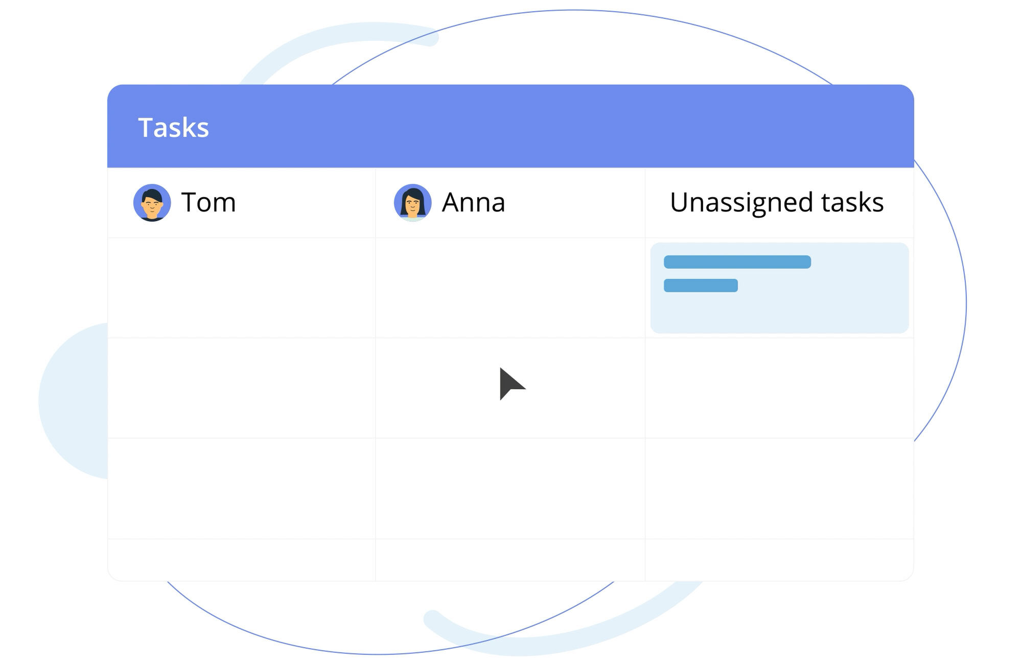 Illustration of a task board with columns for Tom, Anna, and Unassigned tasks, showing a cursor near the center and two blue task bars in the Unassigned column.