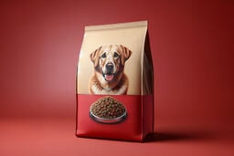 Bag of dry dog food with a happy golden retriever illustration and a bowl of kibble on a red and beige package against a red background.