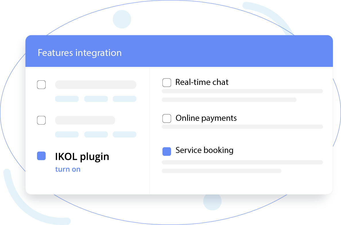 Interface mockup showing a features integration panel with selectable options and toggles.