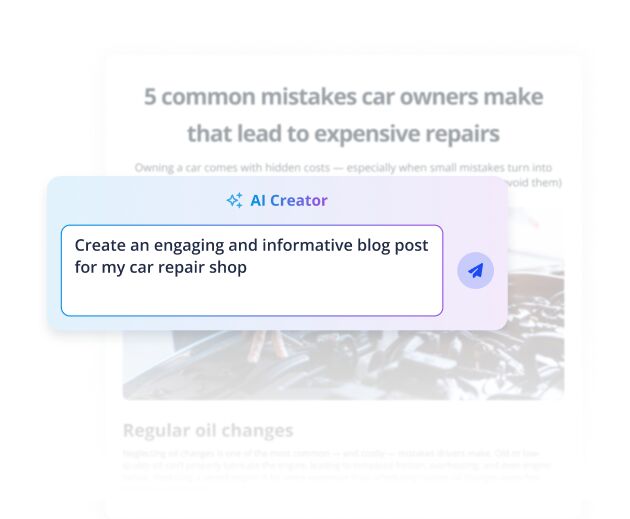 Floating AI Creator prompt over a blurred blog article about car repair mistakes