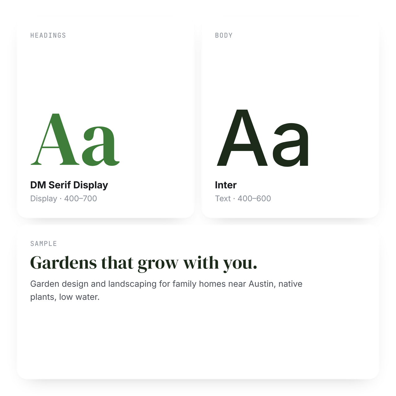 GreenRow landscaping brand typography showing DM Serif Display for headings and Inter for body text