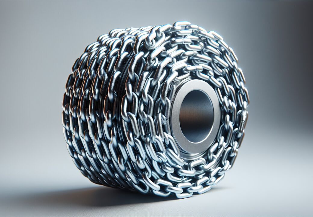 Close-up of a tightly coiled roll of silver metal chain links wrapped around a cylindrical core, set against a neutral gradient background.