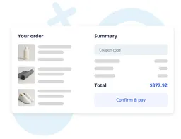 Checkout interface showing a 'Your order' list with product thumbnails and details on the left, and a 'Summary' panel on the right with a coupon code field, line items, total price of $377.92, and a large 'Confirm & pay' button.