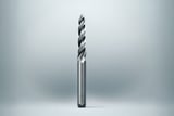 Close-up of a single metal end mill drill bit standing upright against a smooth light gray background.