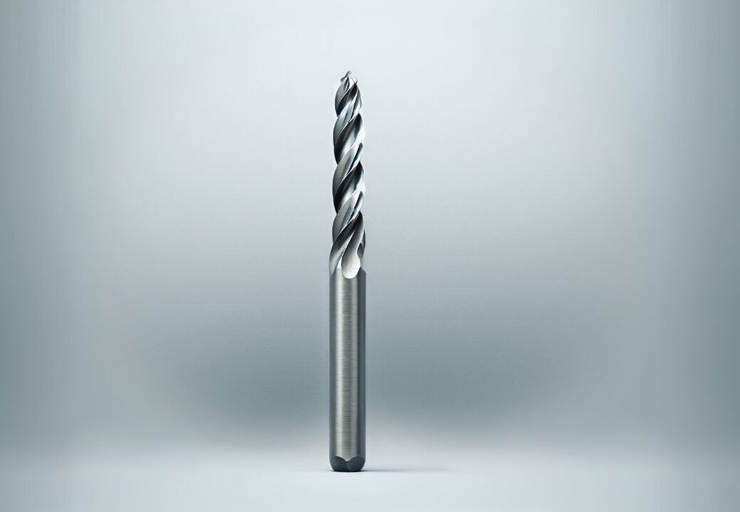 Close-up of a single metal end mill drill bit standing upright against a smooth light gray background.