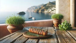 Grilled meat skewer on a rustic wooden table overlooking a serene coastal landscape with boats and terracotta potted herbs.