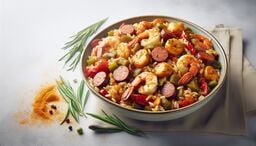 Bowl of jambalaya with shrimp, sausage, rice, and vegetables garnished with herbs on a light surface.