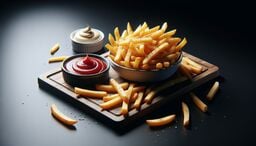 Bowl of golden French fries on a wooden board with ramekins of ketchup and mayonnaise, scattered salt and fries on a dark surface