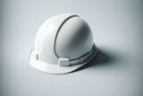 White construction hard hat resting on a smooth light gray surface with soft shadows.