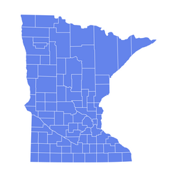 Blue silhouette map of Minnesota with internal county boundaries outlined in white.