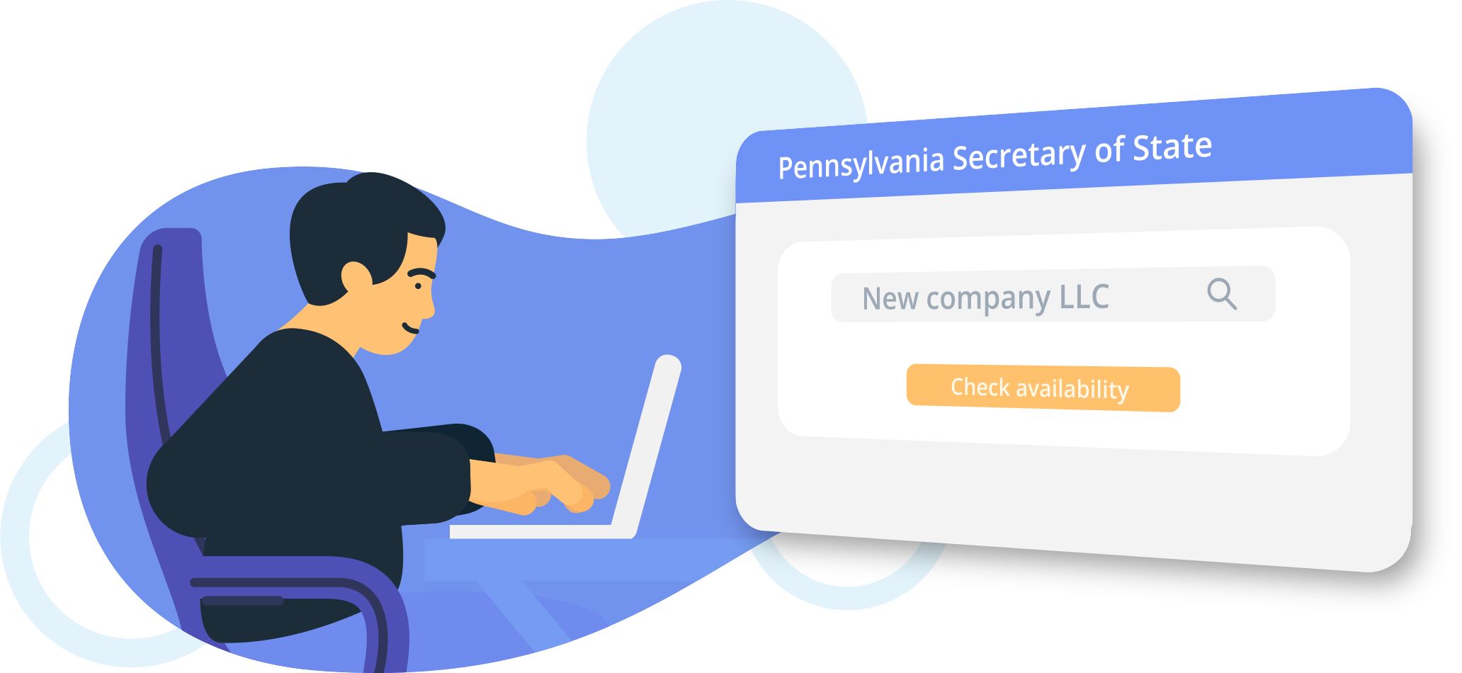 Illustration of a person at a laptop checking a company name on a Pennsylvania Secretary of State search form.