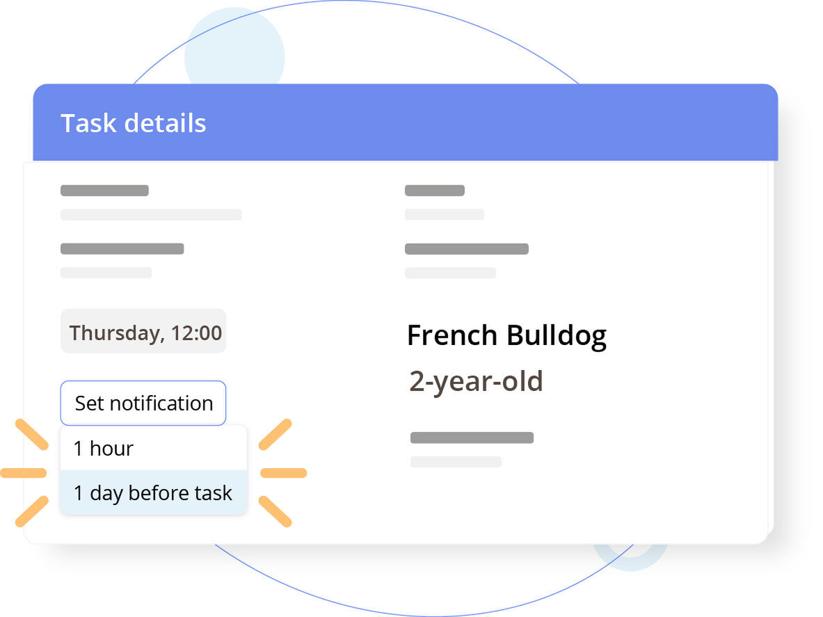 UI mockup of a task details panel showing a reminder dropdown with options like 1 hour and 1 day before task, and a sample task labeled French Bulldog, 2-year-old.