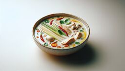 Bowl of creamy coconut-based soup garnished with lemongrass, red chilies, chicken pieces, mushrooms, and green herbs on a soft gradient background.