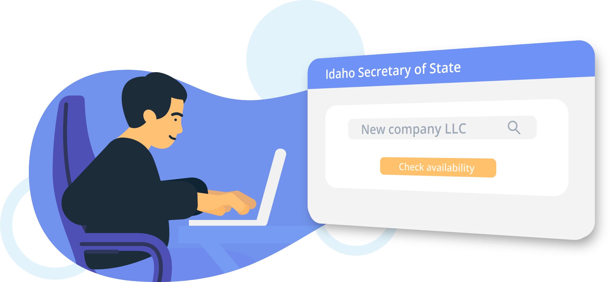 Illustration of a person at a laptop checking a business name on the Idaho Secretary of State website.