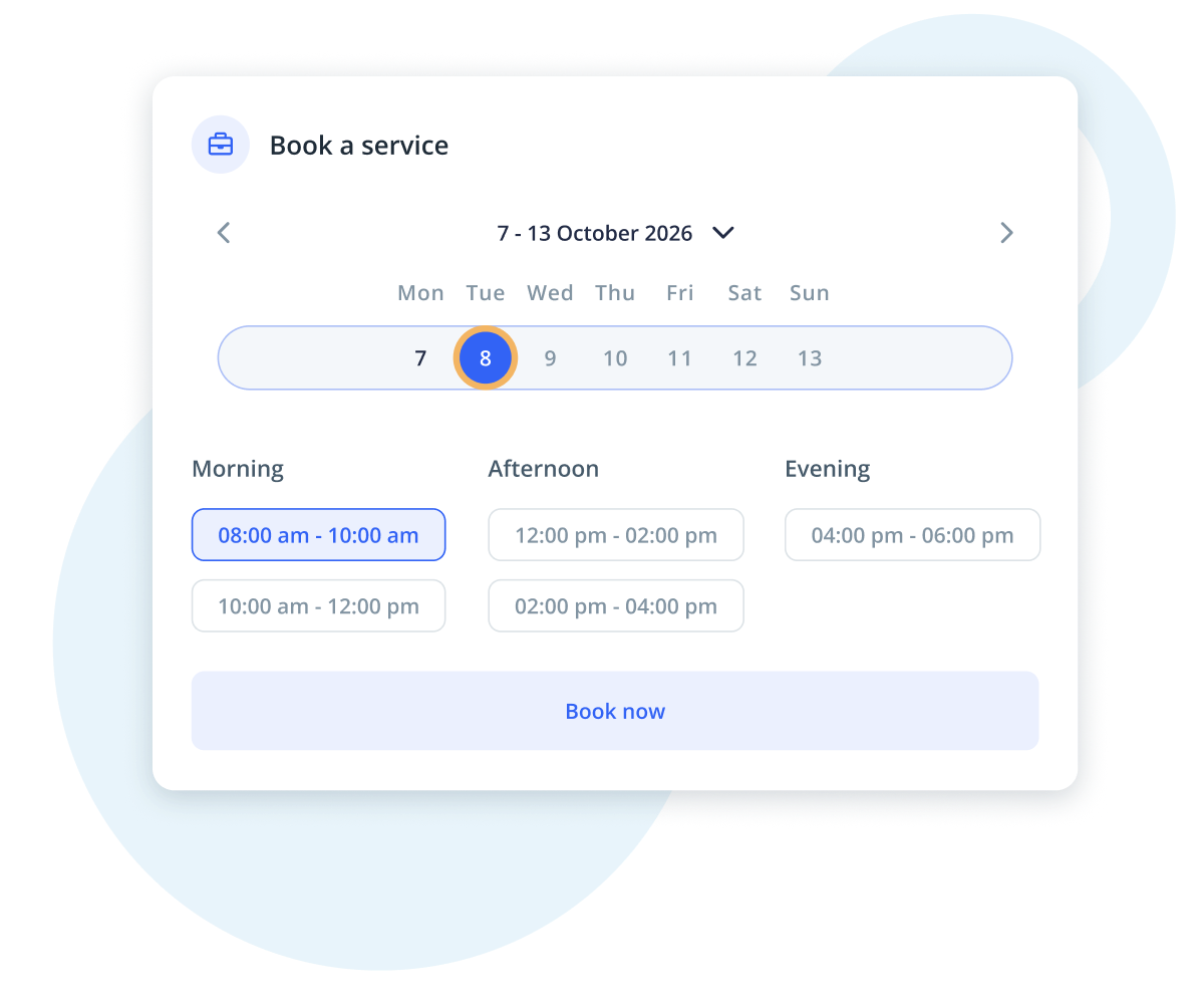 Booking interface showing date and time slot selection with a highlighted day and available morning, afternoon, and evening options.