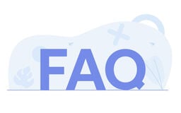 Large blue letters spelling FAQ with soft abstract shapes and icons in the background.