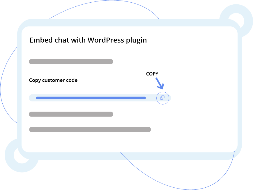 Illustration of a UI card showing instructions to embed chat with a WordPress plugin, highlighting the step to copy a customer code with a blue arrow pointing to a copy button.