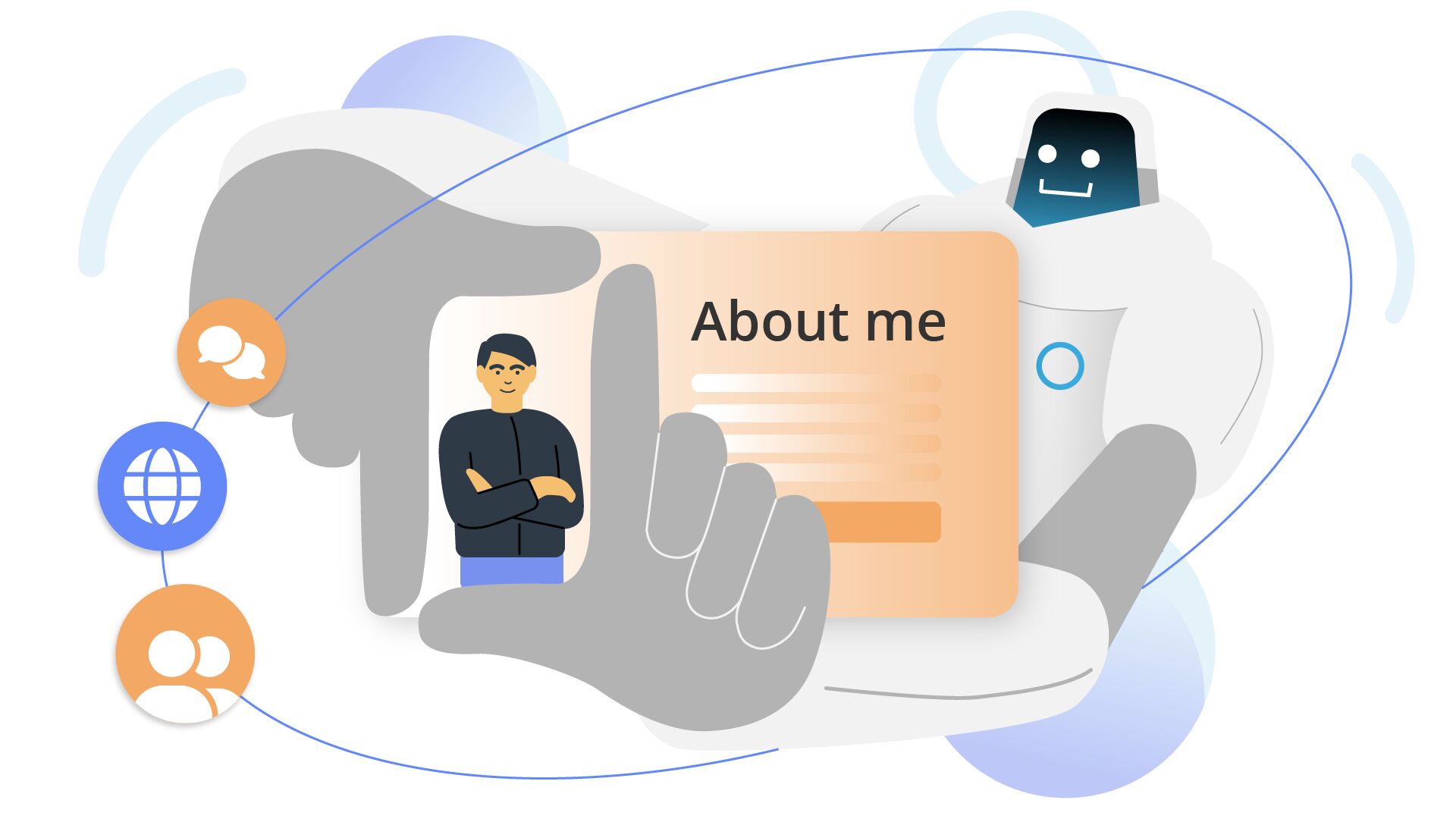 Friendly robot holding an 'About me' card with icons for chat, web, and people around it.