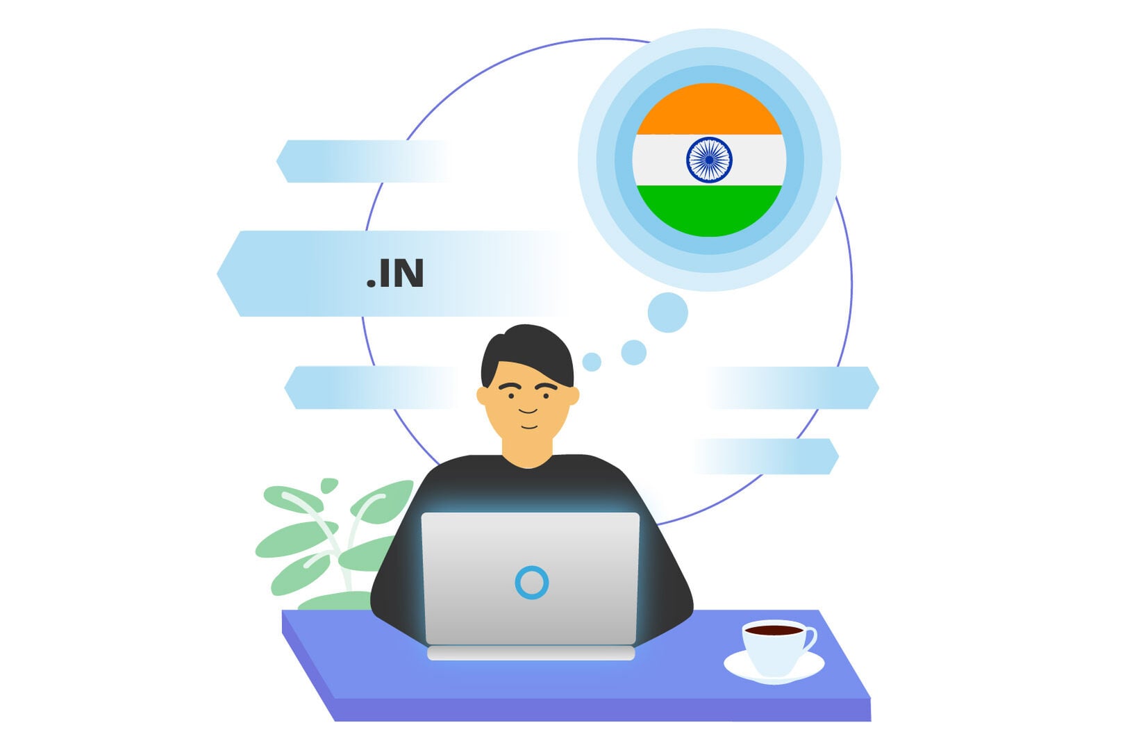 Illustration of a person working on a laptop with a thought bubble showing the Indian flag and the text .IN, suggesting an India-related domain or online work. A coffee cup and plant sit on the desk.