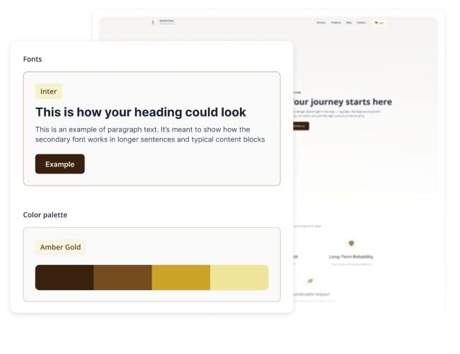 UI mockup showing a style guide panel with font and color palette examples over a blurred website background.