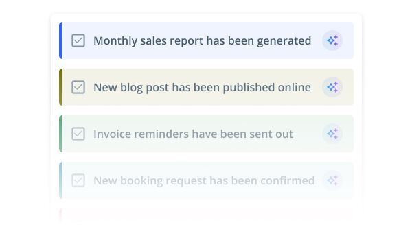 UI list of completed tasks with checkmarks and subtle colored labels