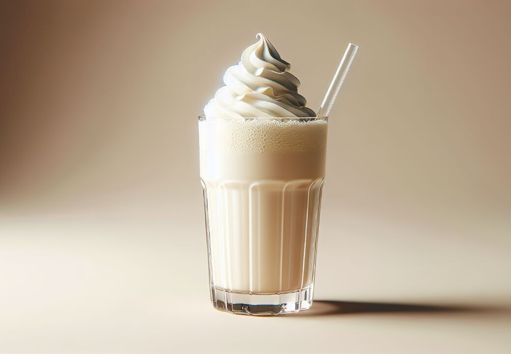 Vanilla milkshake in a clear ridged glass topped with a swirl of whipped cream and a straw against a soft beige background.