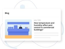 UI card mockup for a blog post with an illustration and headline about pest control affected by temperature and humidity.