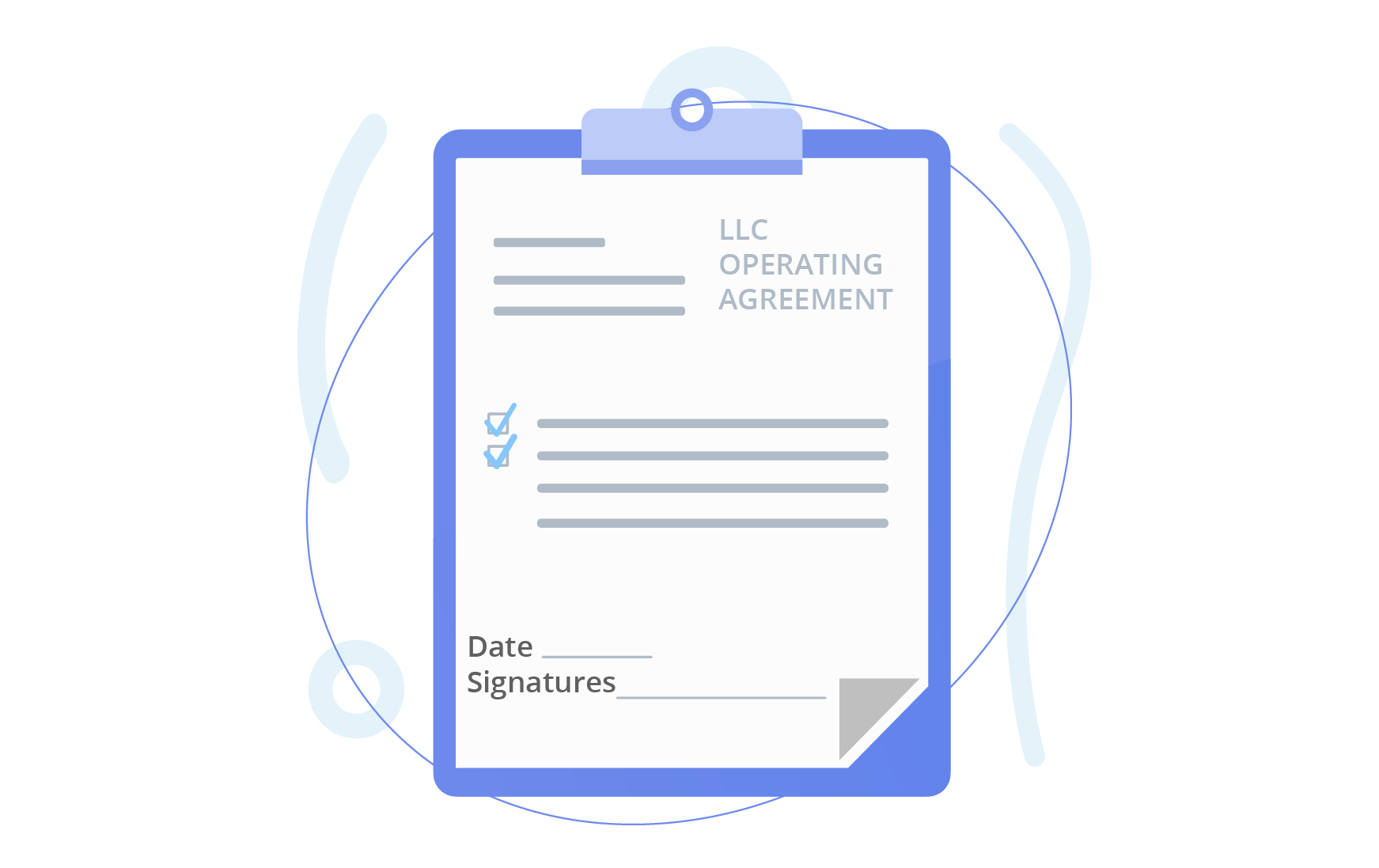Illustration of an LLC Operating Agreement document on a clipboard.