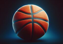 Close-up of a basketball lit dramatically against a dark background