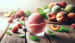 A scoop of peach-pink sorbet in a frosted glass, garnished with fresh mint leaves, surrounded by strawberries, blueberries, peach slices, raspberries, and scattered mint on a rustic wooden table with a bowl of assorted stone fruits in the background.