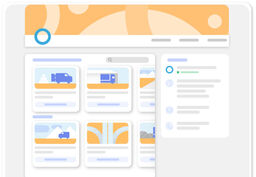 Illustration of a web dashboard showing search results and a details panel, styled with flat icons and pastel colors.