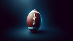 A single American football standing upright on a dark surface, spotlighted against a deep blue gradient background.
