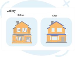 Before-and-after illustration of a house renovation showing a damaged home transformed into a neat, repaired one.