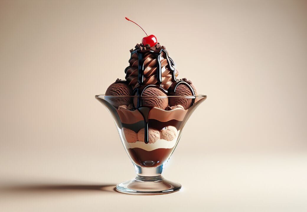 Indulgent chocolate ice cream sundae in a glass dessert dish, layered with scoops of chocolate ice cream, swirls of whipped cream, thick chocolate sauce drizzles, and topped with a glossy red cherry, set against a soft beige background.