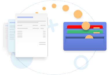 Illustration of digital documents moving into a colorful wallet, symbolizing organizing or storing files securely.