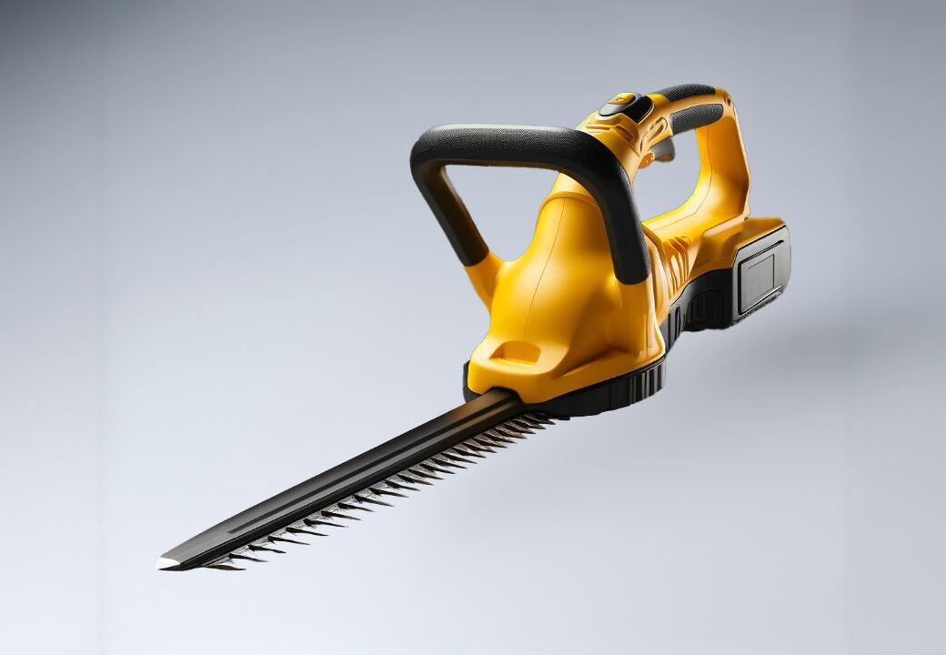 Yellow cordless hedge trimmer with long dual-action blade and black rubberized handles on a light gray background.