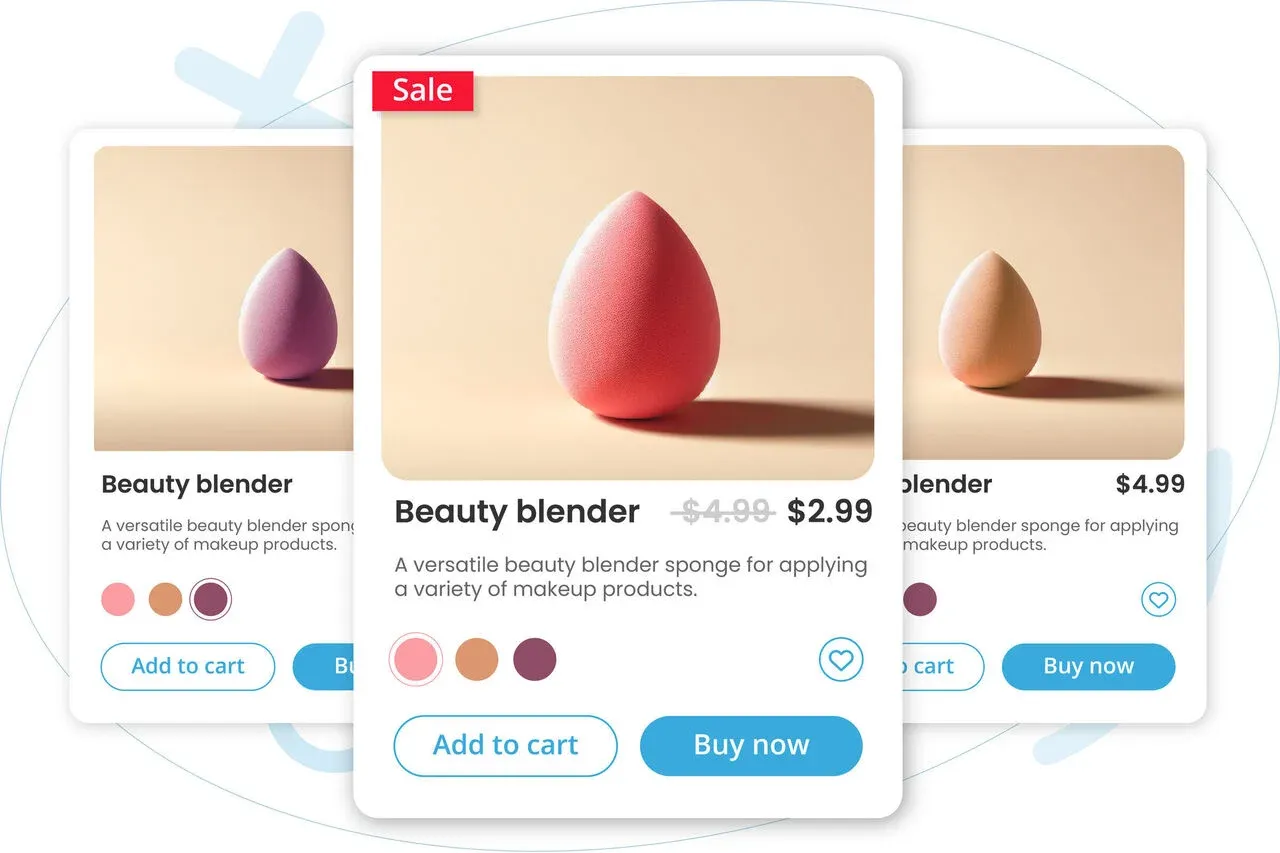 E-commerce product cards UI showcasing a beauty blender sponge on sale, with image, price, color options, and Add to cart/Buy now buttons.
