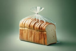 A neatly sliced loaf of white bread sealed in a clear plastic bag, tied at the top, set against a smooth green background.