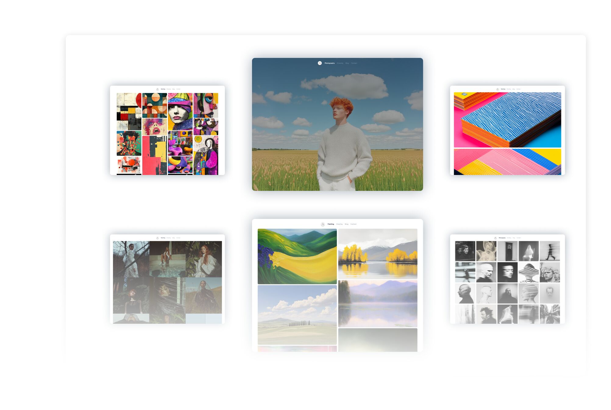 Gallery-style webpage mockup with six image tiles arranged in two rows, featuring portraits, abstract art, landscapes, and colorful patterns.