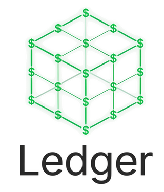 Ledger Fintech logo with green 3D network cube made of dollar nodes above brand name