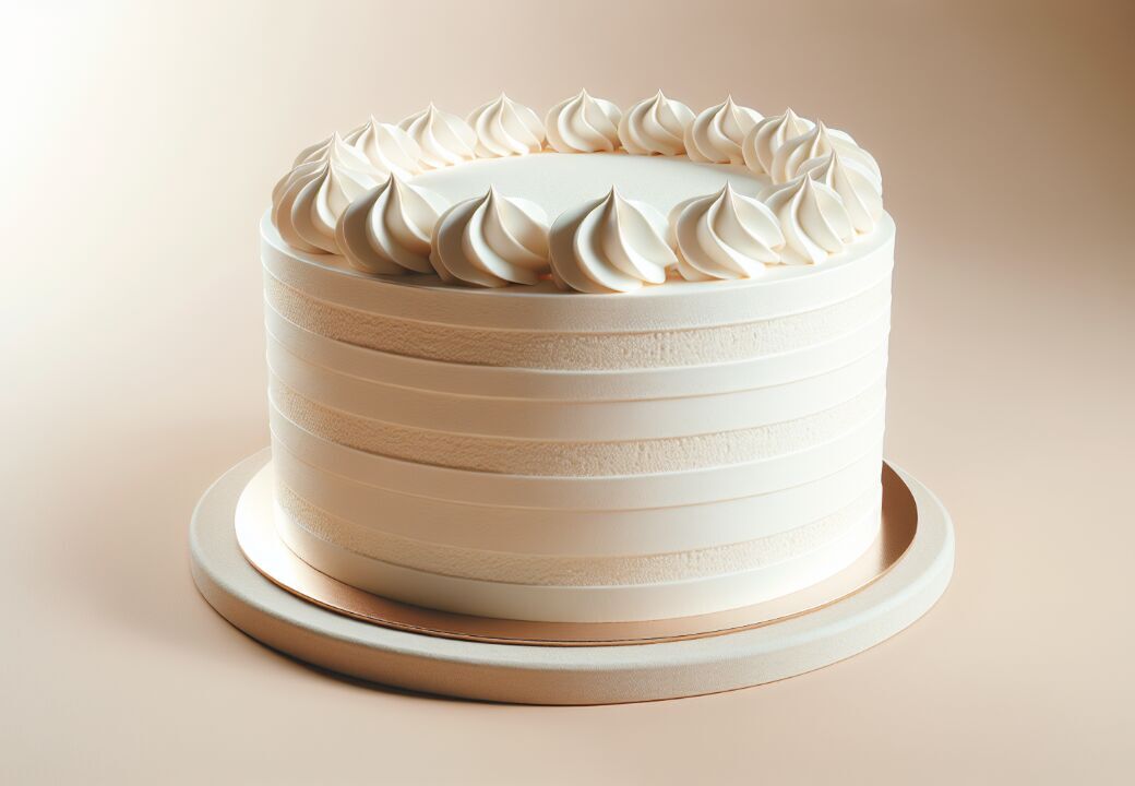 Minimalist white frosted cake with piped swirls on top, set on a neutral-toned cake board.