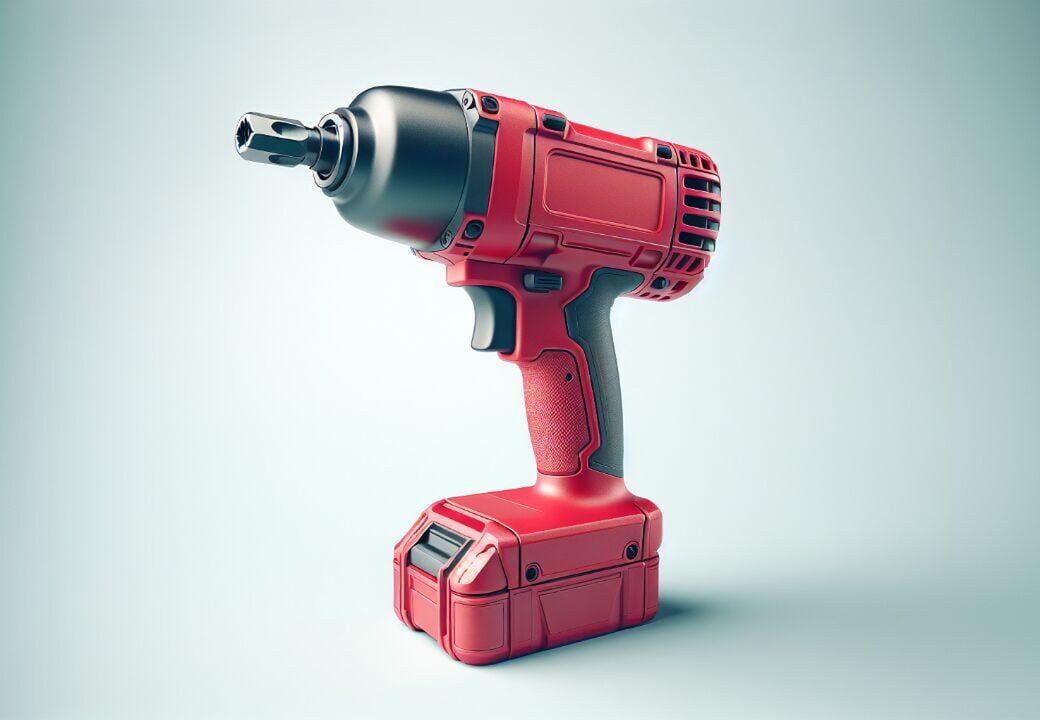 Red cordless impact wrench standing upright on a light background.