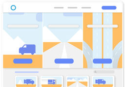 Illustrated website mockup with card-style graphics of trucks, roads, and mountains in pastel colors.