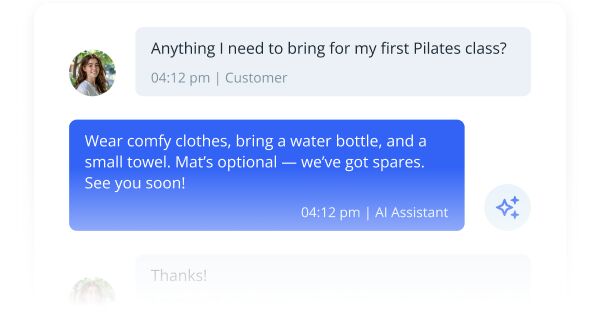 Chat interface showing a customer asking about what to bring for a first Pilates class and an AI assistant replying with a short checklist.