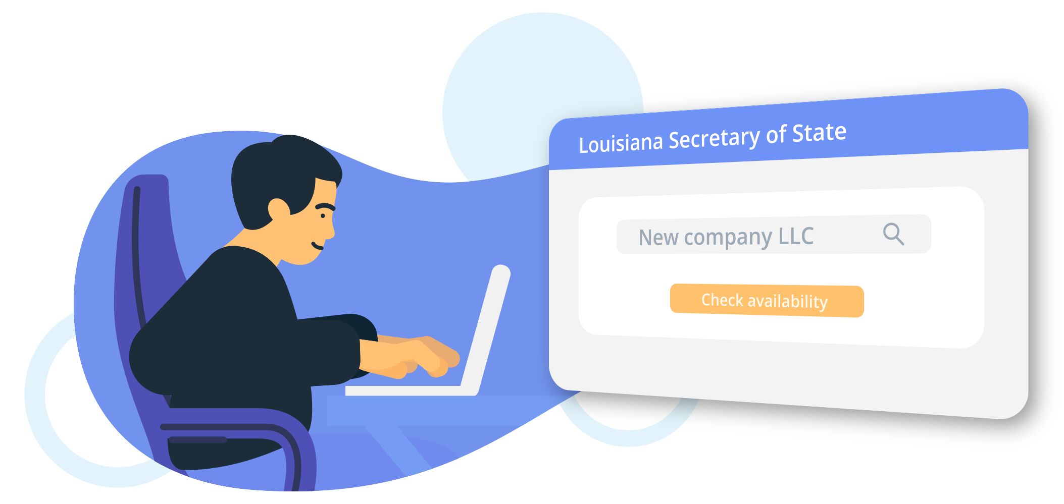 Illustration of a person on a laptop checking company name availability with the Louisiana Secretary of State website.