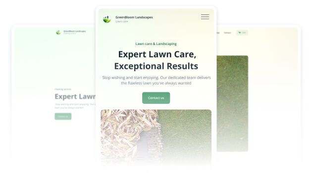 Mobile website mockup for a lawn care company with a clean, minimal design and green accents.