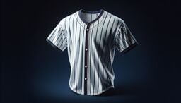 Floating white pinstriped baseball jersey with dark trim, centered against a dark gradient background.