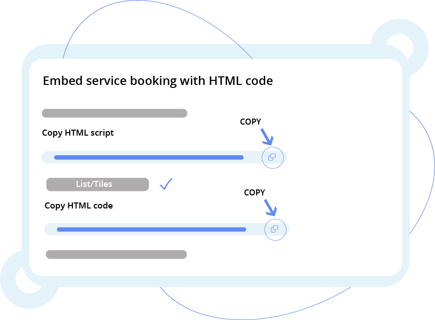 Illustration of a UI showing how to embed service booking with HTML code, featuring copyable script and code fields.