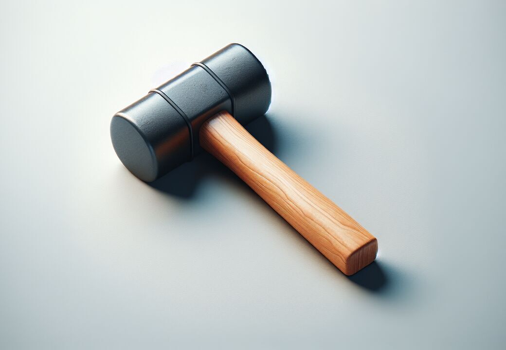 Close-up of a rubber mallet with a black dual-ended head and a light wooden handle resting on a smooth surface.